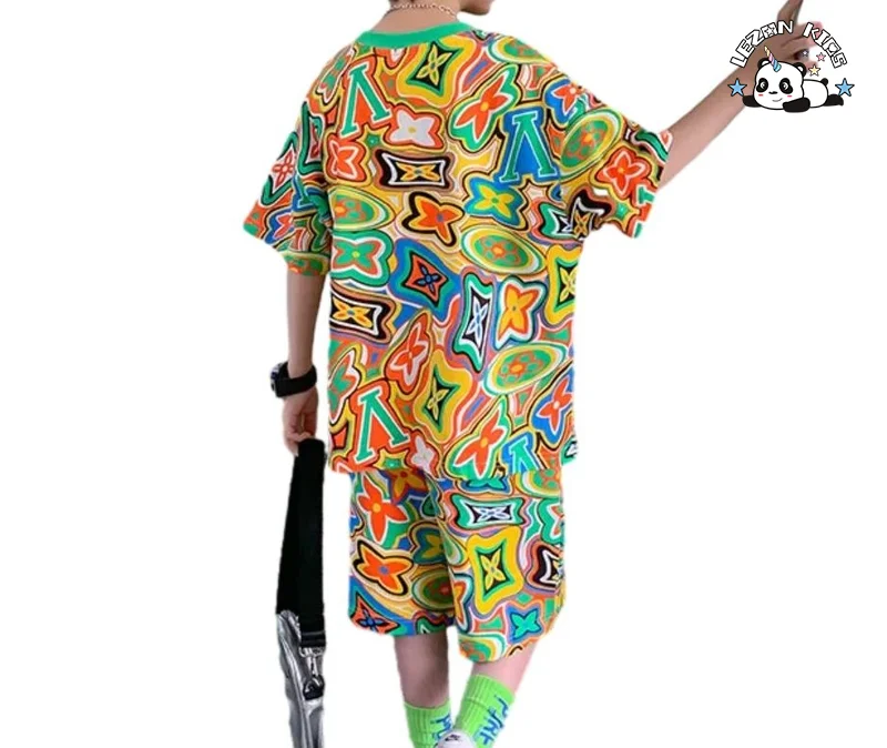 LEZONKIDS - Customized Children's Clothes Cotton Colorful Print T-shirt Short Boy 2 Piece Sets for Daily Wear